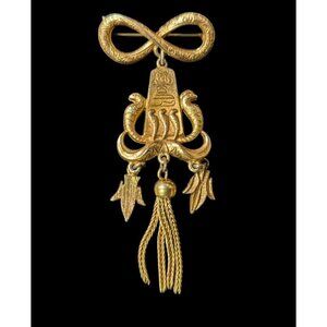 Vintage Articulated Brass Brooch With Bow & Dangling Tassels - Nautical Style